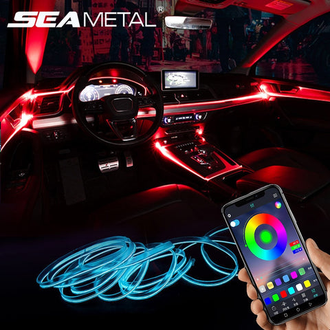 Car Atmosphere Lights EL Neon Wire Strip Light RGB Multiple Modes App Sound Control Auto Interior Decorative Ambient Neon Lamp